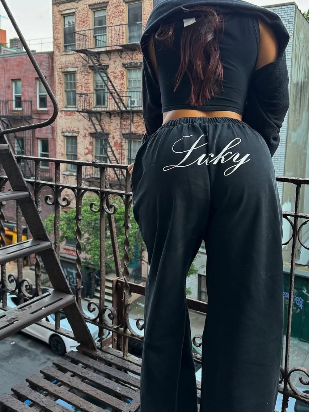 With Jean Black Wide-Leg 'lucky' Logo Sweatpants